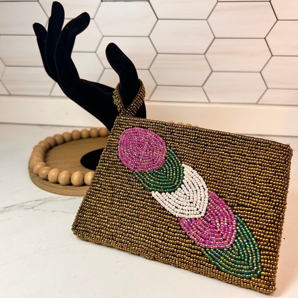 Beaded Coin Purse Clutch Gold Beaded Zip Pouch w Leaf Design Boho Vintage